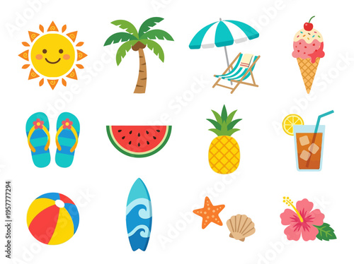 A vibrant collection of summer-themed icons including beach essentials, tropical fruits, and vacation activities.