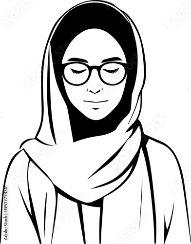 Hand Drawn Woman Wearing Hijab Black and White Avatar Illustration in Minimal Solid Art Style Design