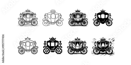 Collection of royal carriage illustrations in various artistic styles and formats