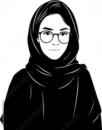 Hand Drawn Woman Wearing Hijab Black and White Avatar Illustration in Minimal Solid Art Style Design