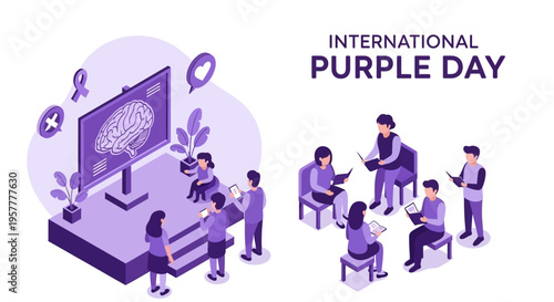 Illustration of people supporting epilepsy awareness on International Purple Day with educational graphics and purple ribbon symbols.