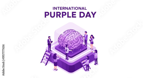 Isometric illustration of people supporting epilepsy awareness with a purple brain on a platform for International Purple Day, promoting neurological health and community support.