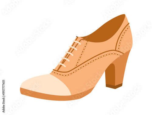Oxford pump women beige heel flat shoe. Lace up brogue inspired dress footwear for office, city outfit, smart casual. Technical illustration, CAD mockup, soft vector men unisex isolated stylish style.