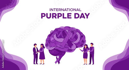 Illustration of people supporting a purple brain on International Purple Day with a purple ribbon awareness concept against a white background with purple accents
