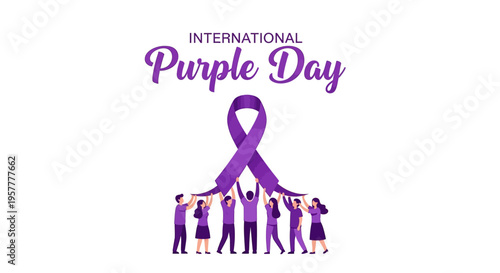 Illustration of people forming a circle around a purple awareness ribbon for International Purple Day with a purple theme on a white background.
