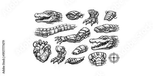 Collection of hand-drawn steampunk mechanical alligator parts and a robotic heart