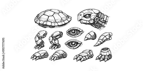 Hand-drawn mechanical turtle parts and eyes, showcasing a cyborg creature design concept