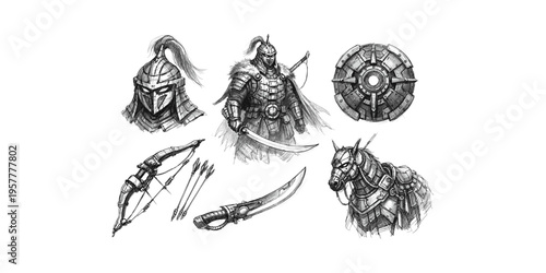 Collection of medieval warrior armor, weapons, and horse sketch