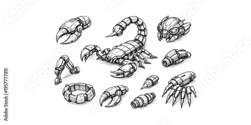 Collection of mechanical scorpion parts and robotic components in a sketch style