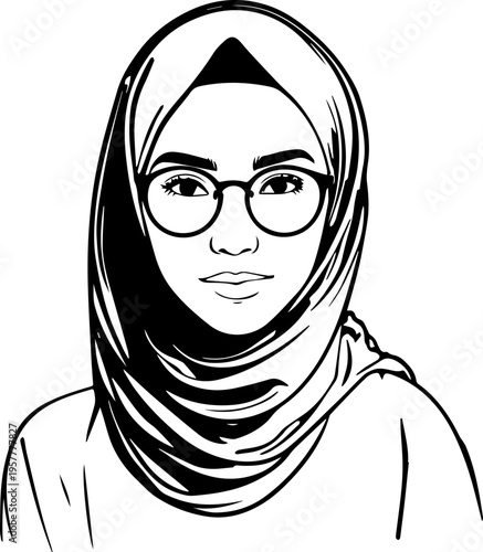 Hand Drawn Woman Wearing Hijab Black and White Avatar Illustration in Minimal Solid Art Style Design