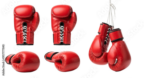 Set of red boxing gloves on a transparent background