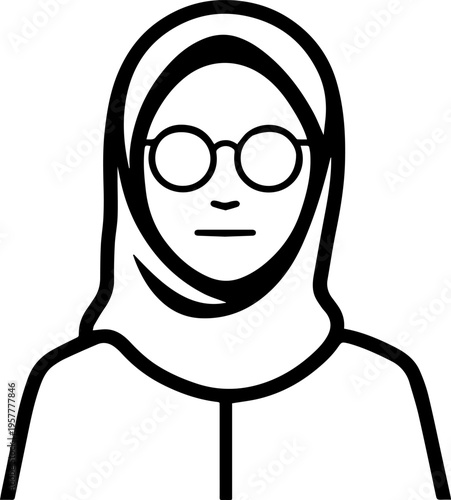 Hand Drawn Woman Wearing Hijab Black and White Avatar Illustration in Minimal Solid Art Style Design