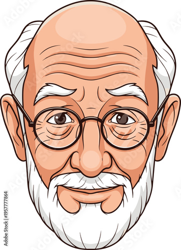 Friendly Elderly Man with Glasses Portrait Vector Illustration Smiling Senior Male Character Face with White Beard Warm Expression for Avatar Mascot Profile Design