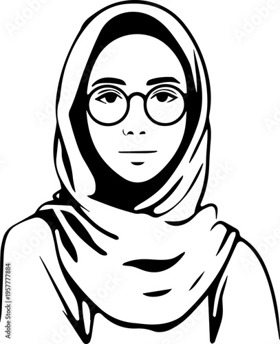 Hand Drawn Woman Wearing Hijab Black and White Avatar Illustration in Minimal Solid Art Style Design