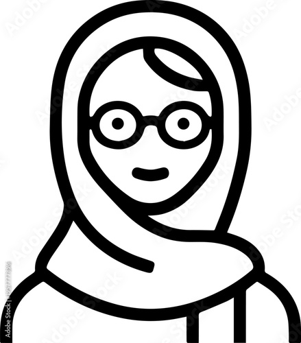 Hand Drawn Woman Wearing Hijab Black and White Avatar Illustration in Minimal Solid Art Style Design
