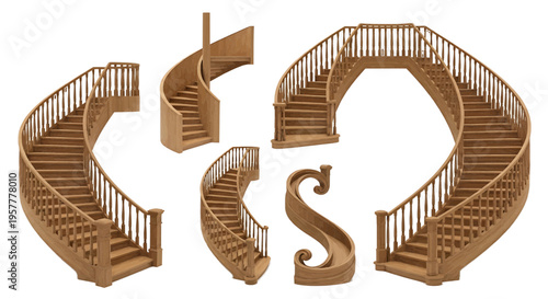 Set of wooden staircases with railings on a transparent background