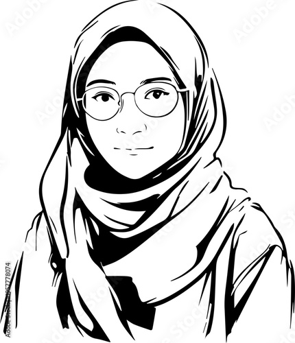 Hand Drawn Woman Wearing Hijab Black and White Avatar Illustration in Minimal Solid Art Style Design