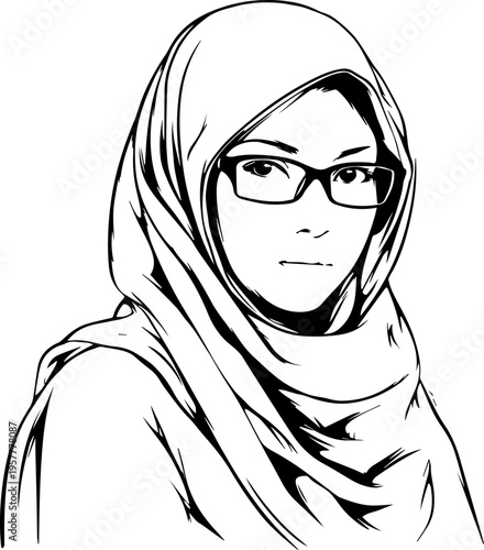 Hand Drawn Woman Wearing Hijab Black and White Avatar Illustration in Minimal Solid Art Style Design