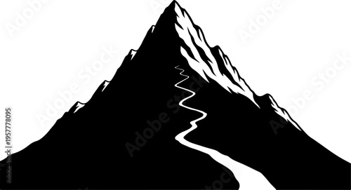 Black mountain icon vector, silhouette peak with snow