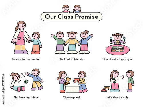 Children showing the rules of the daycare center. Cute character with a round face, featuring a design and geometric shape.