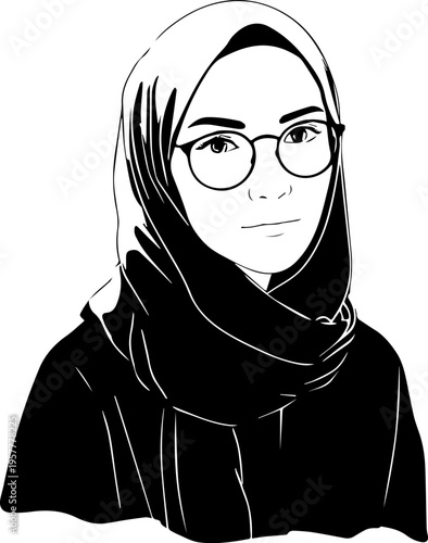 Hand Drawn Woman Wearing Hijab Black and White Avatar Illustration in Minimal Solid Art Style Design