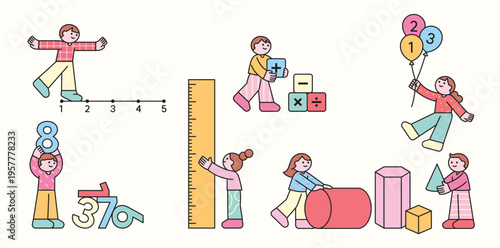 Children expressing math through their bodies. They are studying with numbers and shapes. Cute character with a round face, featuring a design and geometric shape.