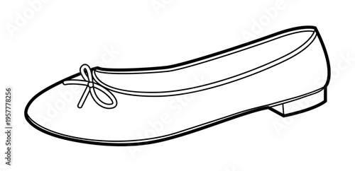 Ballet flat shoe women single line. Bow detail classic round toe footwear for office commute relaxed look. Technical fashion illustration CAD mockup clean vector man unisex isolated modern style.