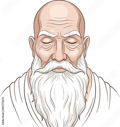 Wise Old Monk Portrait Vector Illustration Elderly Bearded Sage Character Face with Closed Eyes Calm Spiritual Expression for Meditation Culture Avatar Design