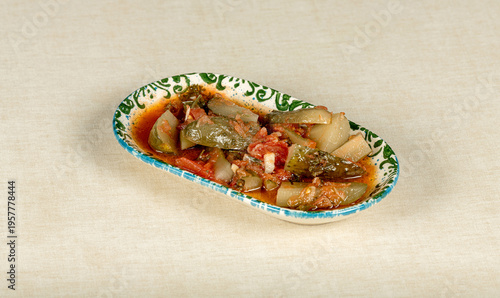 Turkish-style eggplant casserole with olive oil and fresh tomatoes.