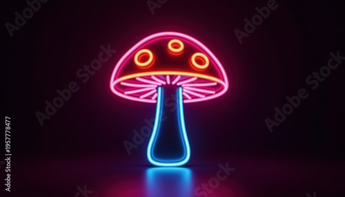 Neon Mushroom Illumination: A mesmerizing neon mushroom, radiating vibrant colors against a dark backdrop, is an artwork showcasing a fusion of modern design and natural motifs.