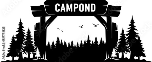 Vector illustration of campground entrance with trees and birds
