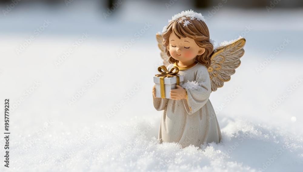 Obraz premium Angel in Winter Wonderland: A delicate angel figurine cradles a wrapped gift, nestled serenely in a pristine blanket of fresh snowfall. Symbolizing peace and the spirit of giving.