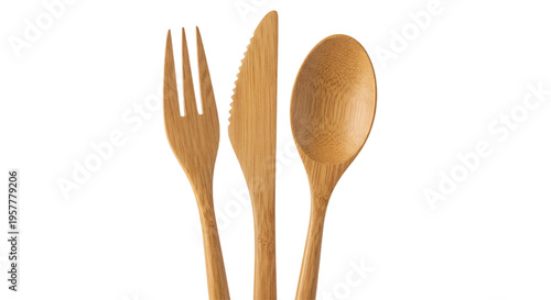 Set of ecofriendly bamboo cutlery on a transparent background