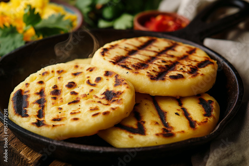 Three golden-brown pan cakes rest on a black skillet