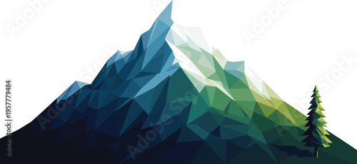 Low Poly Mountain Landscape Vector Illustration Geometric Alpine Peaks with Pine Trees Nature Outdoor Adventure Background for Travel Posters Logos and Designs