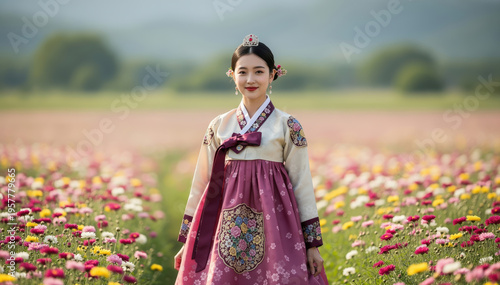 Ethereal Hanbok: A woman draped in the timeless elegance of a Hanbok strolls amidst a vibrant expanse of blooming flowers, exuding serenity and grace.