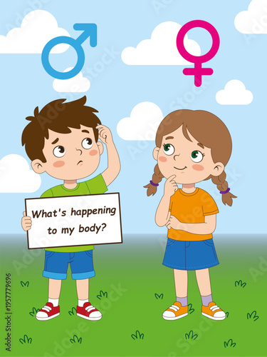 Cartoon illustration of children learning about puberty and body changes in a comprehensive sex education context.