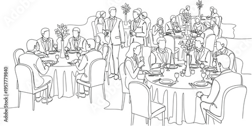 group of people sitting at tables in a restaurant
