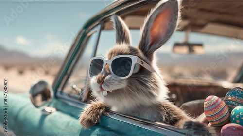 Easter Bunny Road Trip Adventure. Cute Easter Bunny with sunglasses looking out of a car filed with easter eggs

