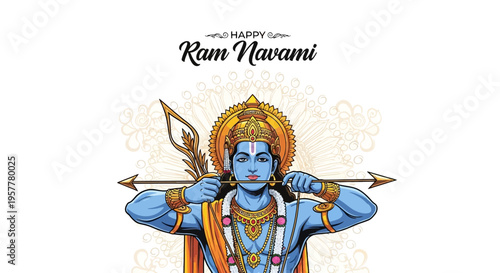 Illustration of Lord Rama with a bow and arrow, celebrating Ram Navami, a Hindu festival, with vibrant colors and traditional Indian design elements.