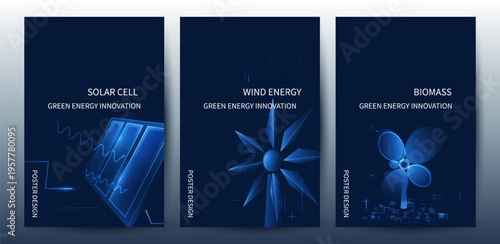 Green Energy Innovation With Solar Cell, Wind Energy, and Biomass Vector Poster Set