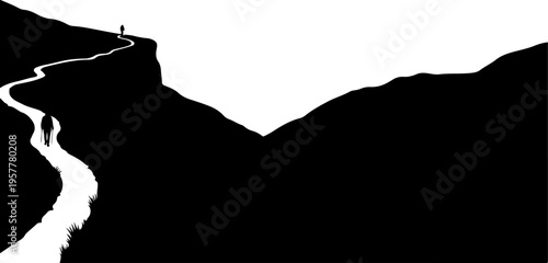 Vector silhouette of person on mountain peak with winding river