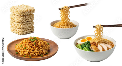 Variety of ramen noodle dishes and instant noodles on on a transparent background