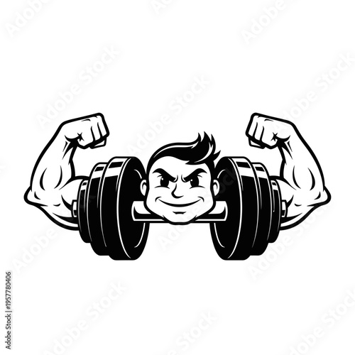 Cartoon man lifting dumbbell weights strong.