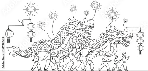 dragon dance performance with fireworks