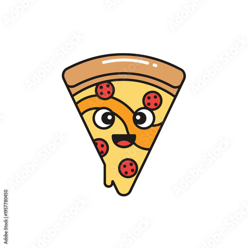 Cartoon pizza slice with face.