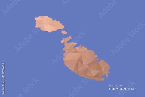 Malta Map - Orange Polygon Vector Illustration on Deep Blue Background, Low Poly Geometric Design, Modern Abstract Country Silhouette for Infographics and Presentation Use.
