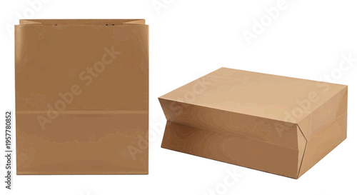 Brown cardboard boxes with white designs on surface standing and lying down on a transparent background