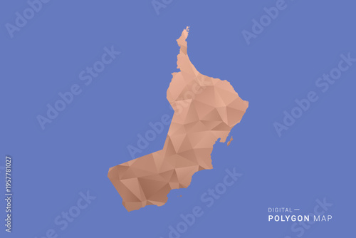 Oman Map - Orange Polygon Vector Illustration on Deep Blue Background, Low Poly Geometric Design, Modern Abstract Country Silhouette for Infographics and Presentation Use.
