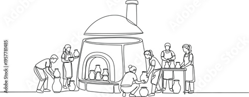 people working around brick kiln